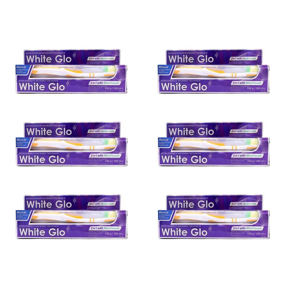 White Glo 2pc White Glo 2in1 w/ Mouthwash Toothbrush & Whitening Toothpaste Set 100ml (6 Pack)