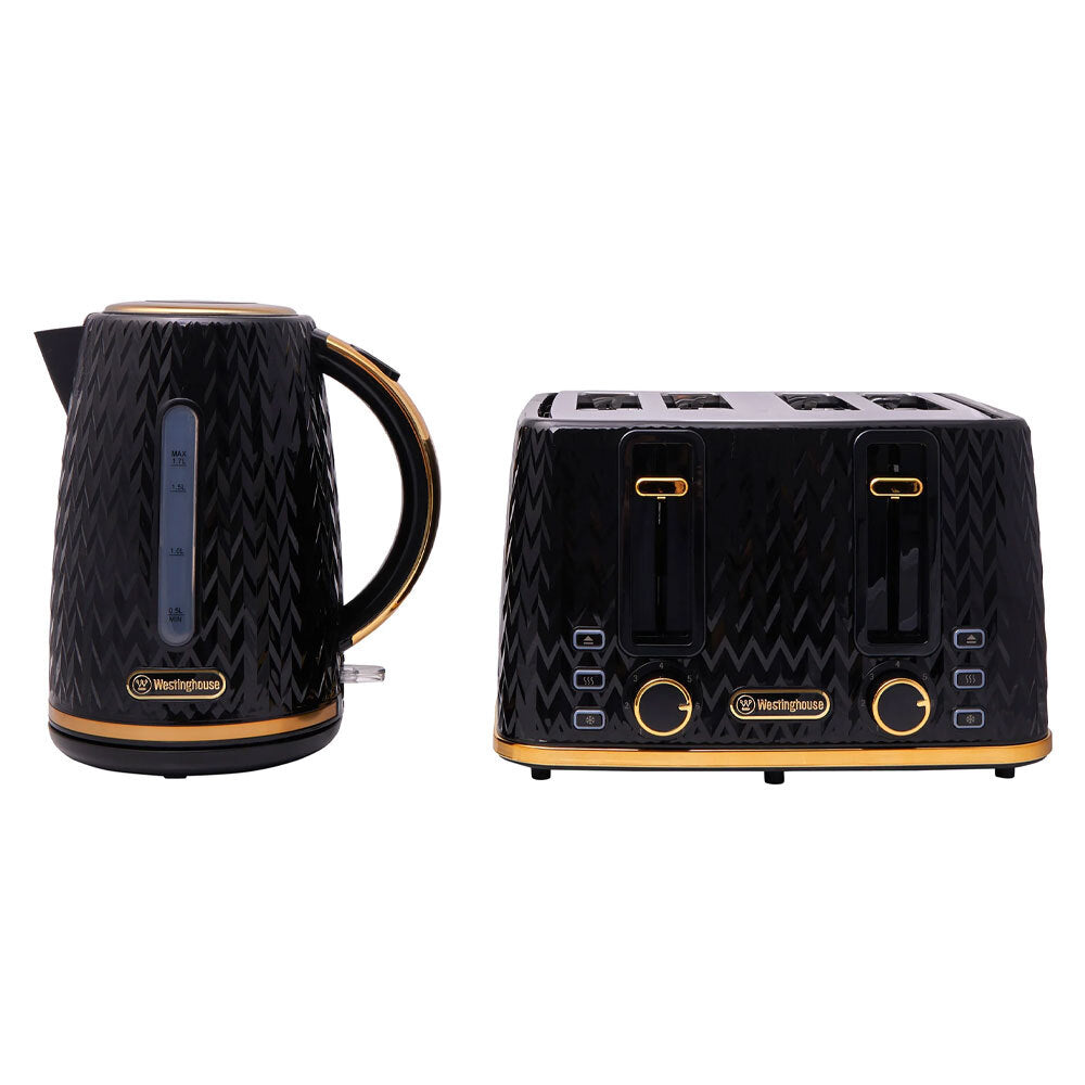 Westinghouse Zig Zag Pattern Black/Gold 1.7L Kettle & 4 Slice Toaster Pack