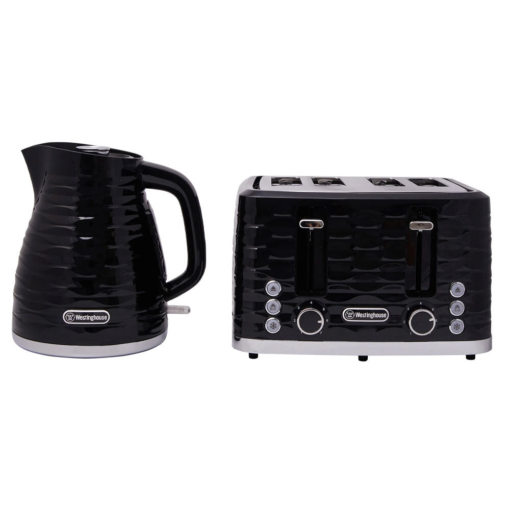 Westinghouse Wave Pattern Black/Silver 1.7L Kettle & 4 Slice Toaster Pack