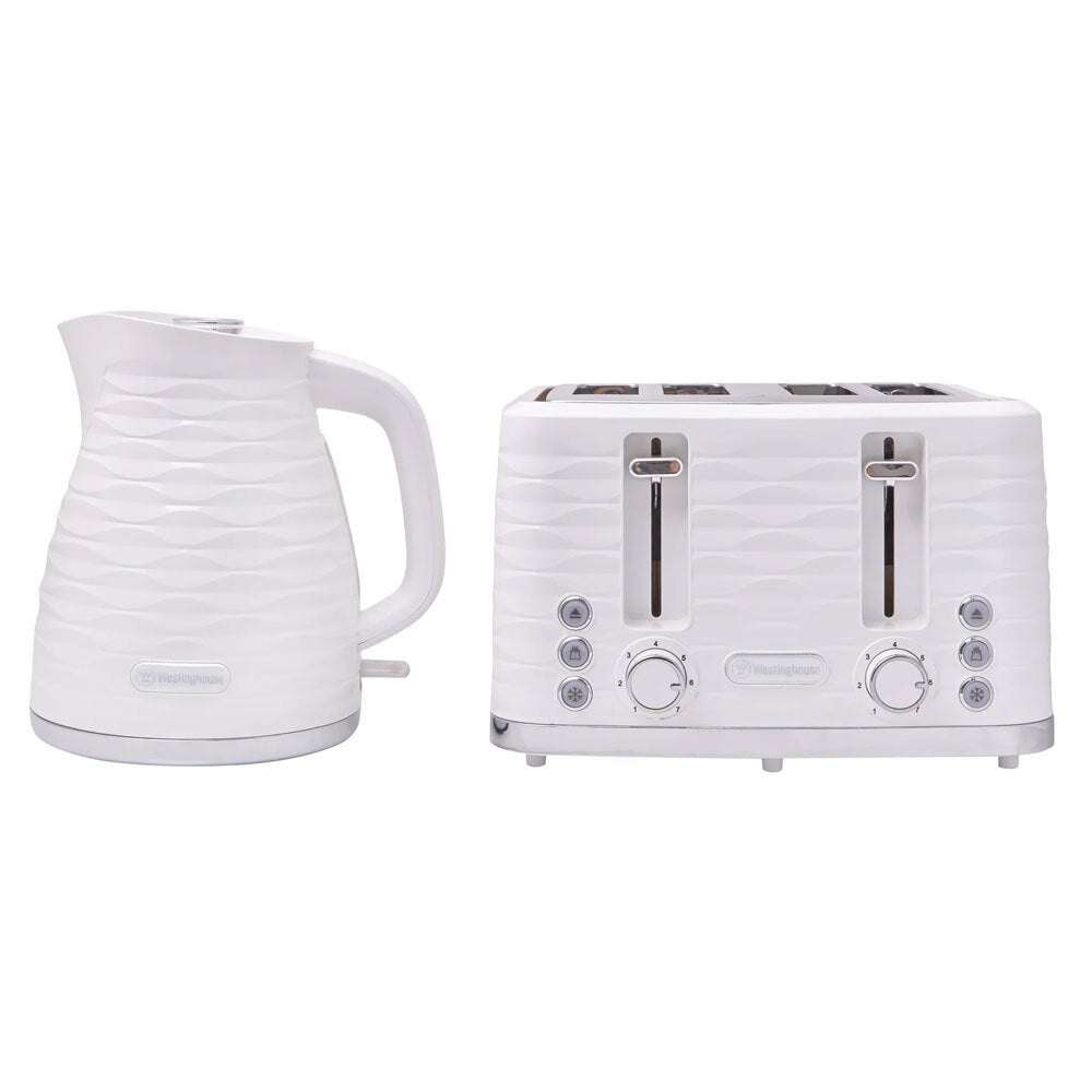 Westinghouse Wave Pattern White/Silver 1.7L Kettle & 4 Slice Toaster Pack