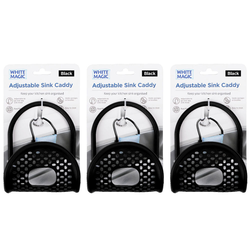 White Magic Adjustable Kitchen Sink Silicone Caddy Storage Organiser Black (3 Pack)