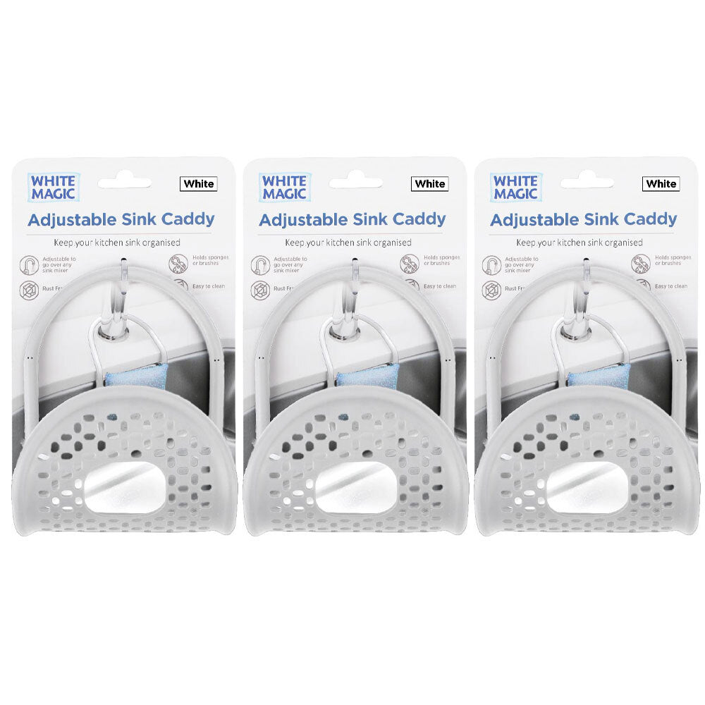 White Magic Adjustable Kitchen Sink Silicone Caddy Storage Organiser White (3 Pack)