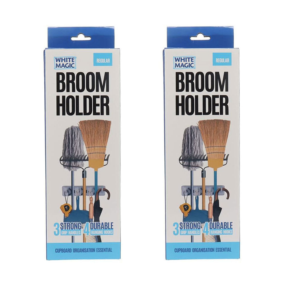 White Magic Wall-Mountable Broom Holder Storage Organisation Rack --Regular (2 Pack)