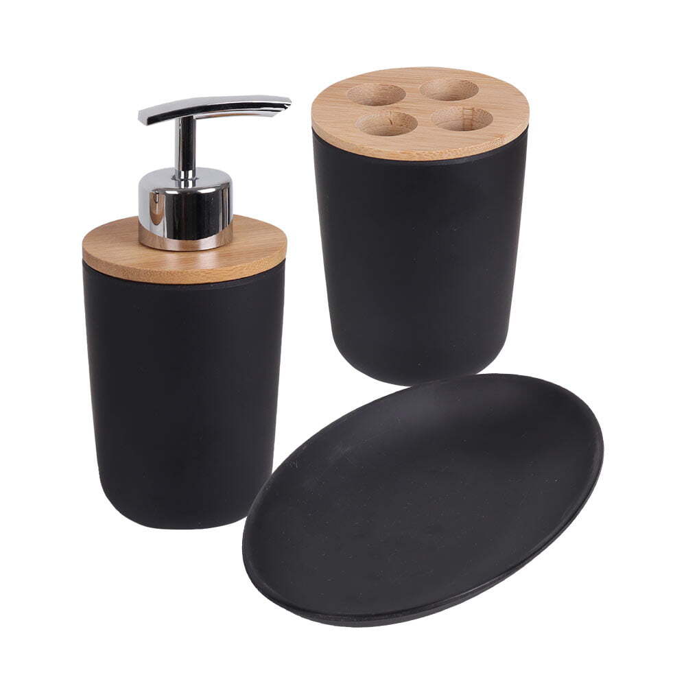 Eco Basics 3-in-1 Vanity Bathroom Set Toothbrush/Soap Holder Dispenser Tray BLK — Black
