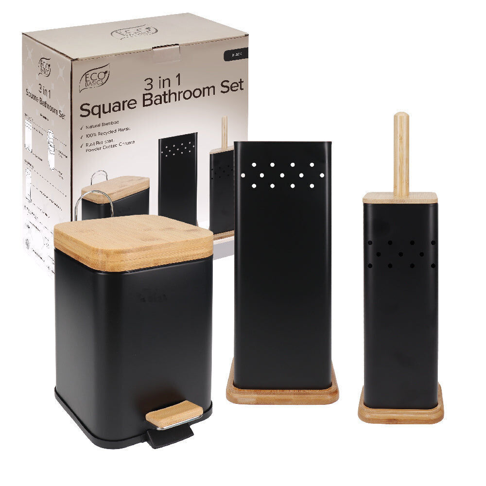 Eco Basics 3in1 Square Bathroom Bin Toilet Brush & Roll Holder 41.5cm Black (2 Pack) — image 4