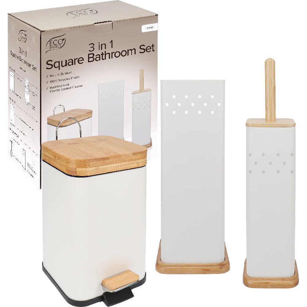 Eco Basics 41.5cm White 3in1 Square Bathroom Bin Toilet Brush & Roll Holder Set — image 3