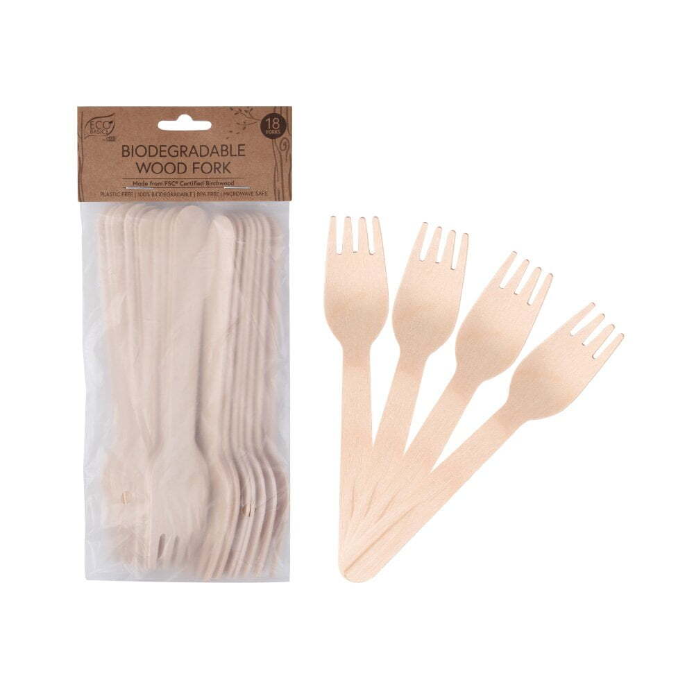 Eco Basics 18pc Eco Basics 16.5cm Biodegradable Birchwood Fork Disposable Cutlery Brown (5 Pack) — image 2