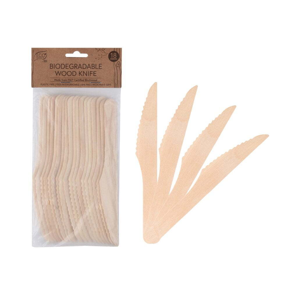 Eco Basics 16.5cm Biodegradable Birchwood Knife Disposable Cutlery Utensil (18 Pieces)