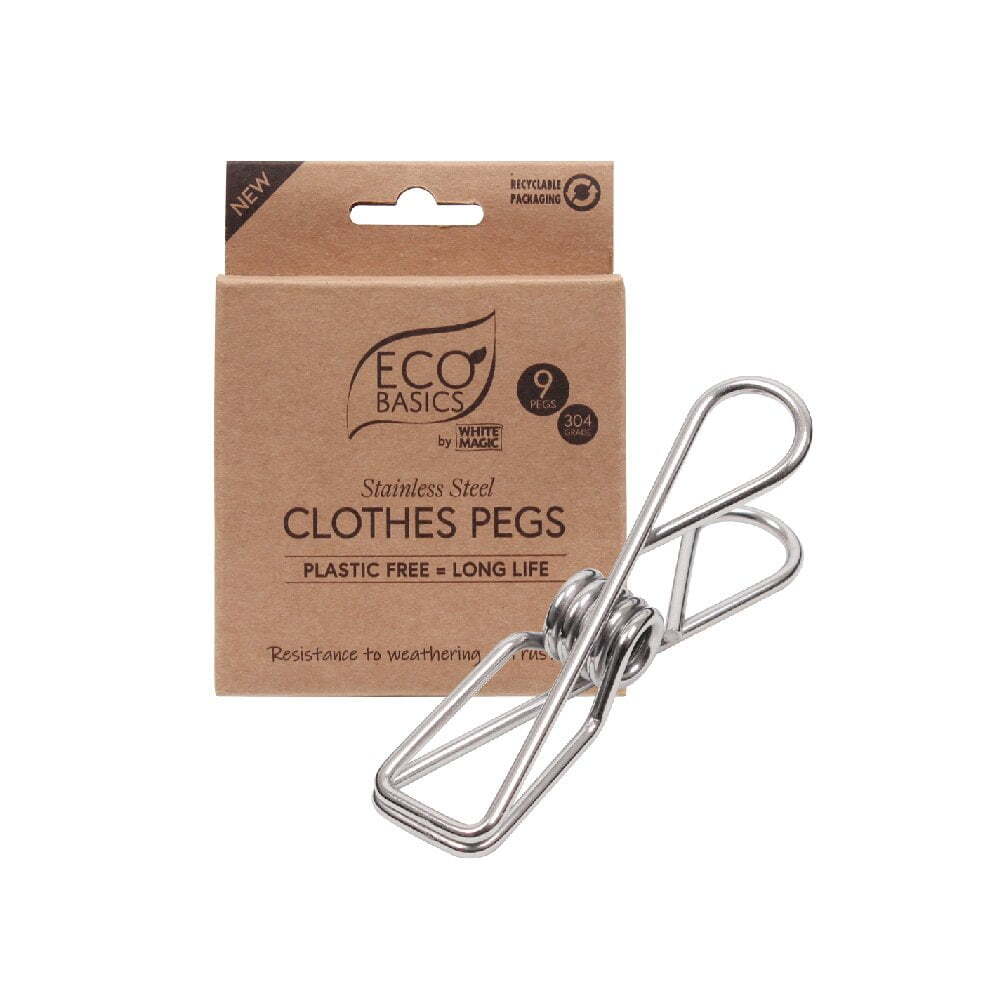 Eco Basics 9cm Stainless Steel Clothes Pegs Hanging/Drying Fabric Clips (9 Pack)