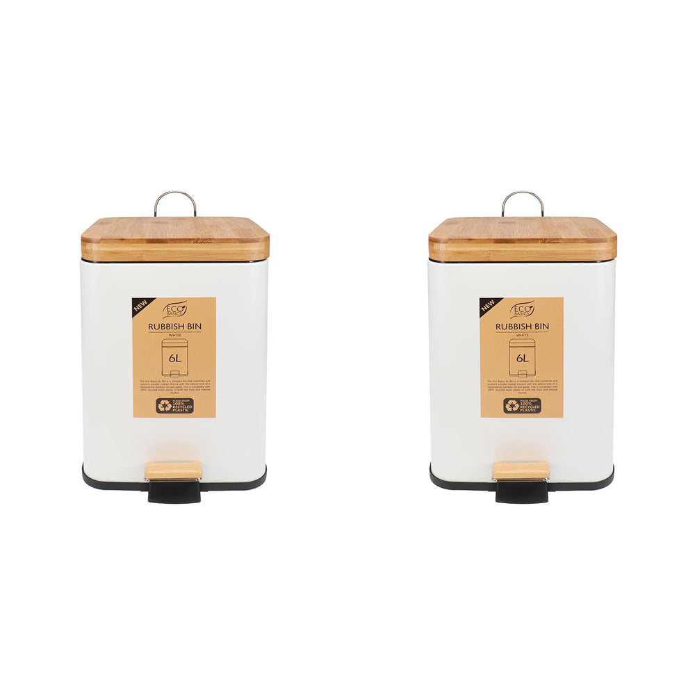 Eco Basics Rubbish Durable Plastic Bin Square 6L w/ Soft Close Lid White (2 Pack)