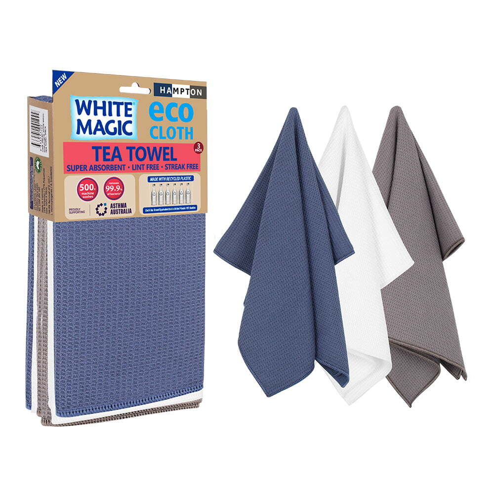 White Magic 70x50cm Tea Towel Set Super Absorbent Cleaning Cloth Hampton (3 Pack)