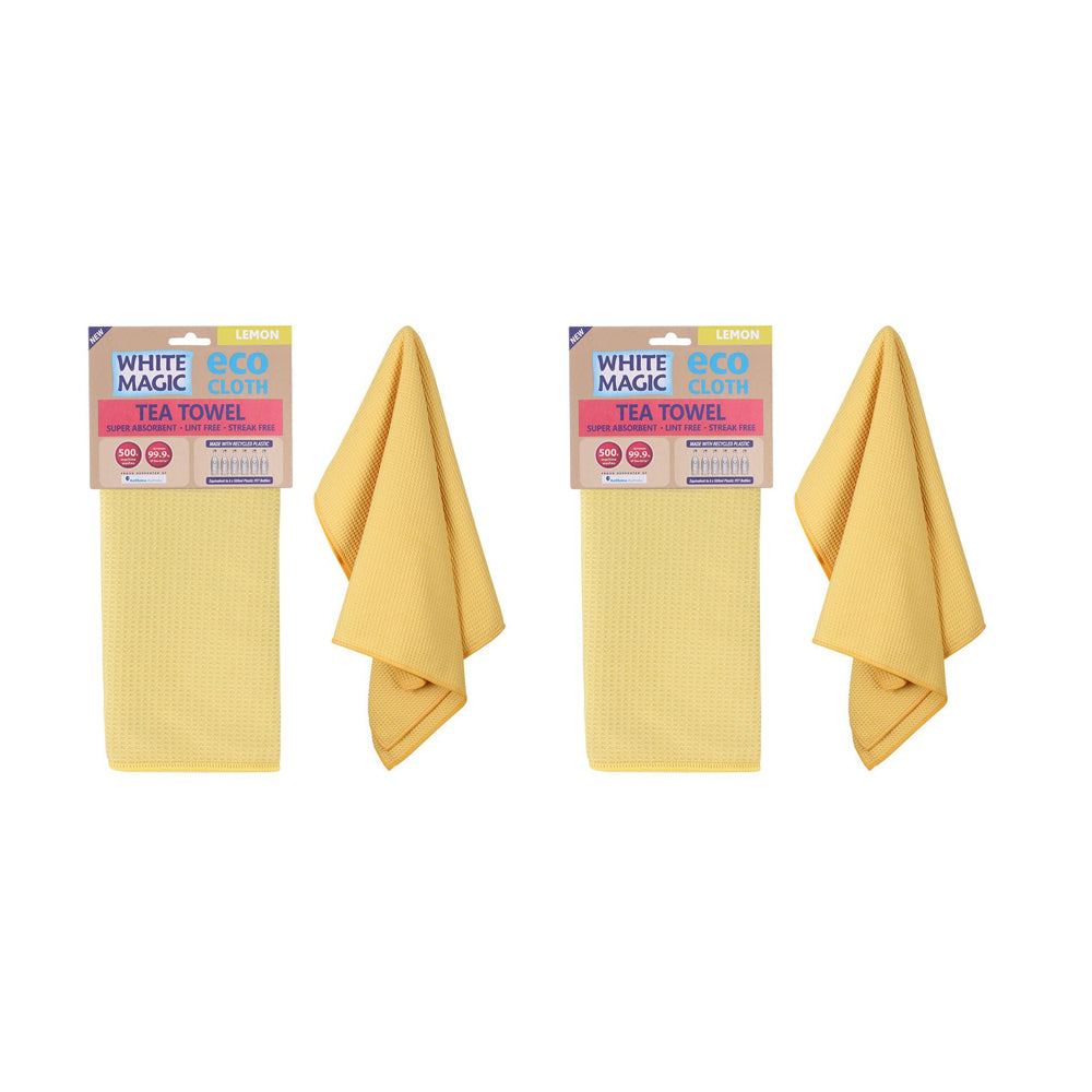 White Magic Reusable 70x50cm Tea Towel Absorbent Cleaning/Drying Cloth Lemon (2 Pack)