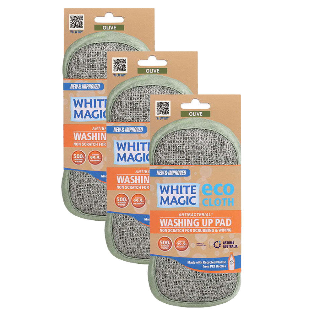 White Magic Double-Sided Dish Washing Up Pad Cleaning Sponge Scrubbing Olive (3 Pack)