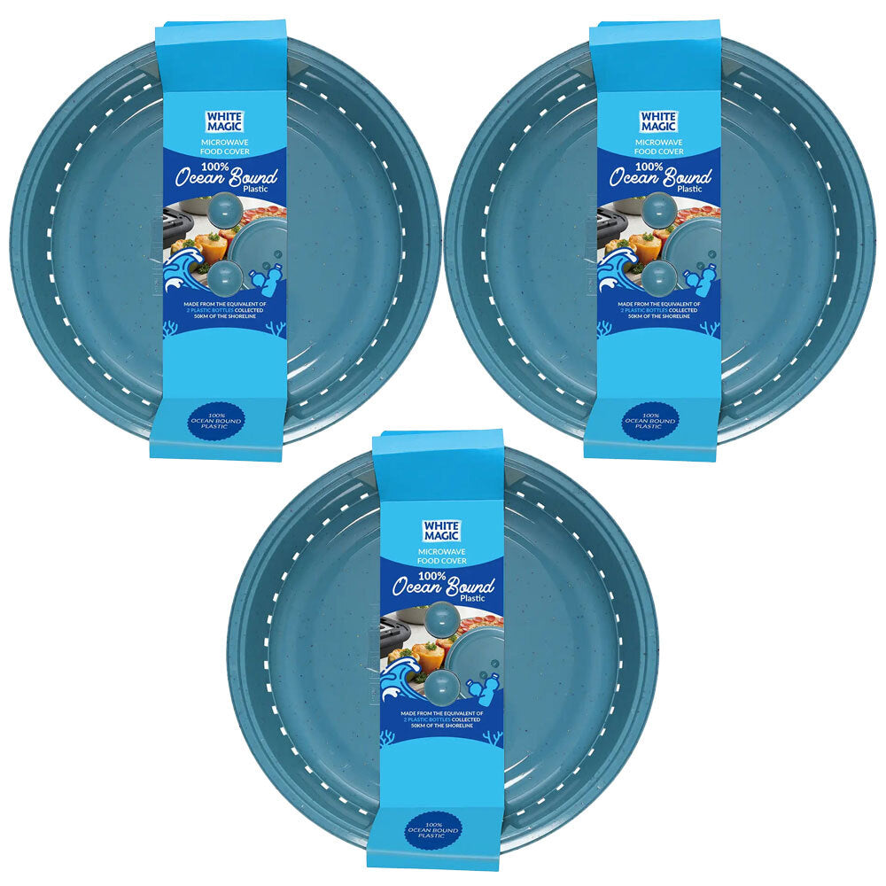 White Magic Ocean Bound Plastic Microwave Kitchen Food Cover Shield - Blue (3 Pack)