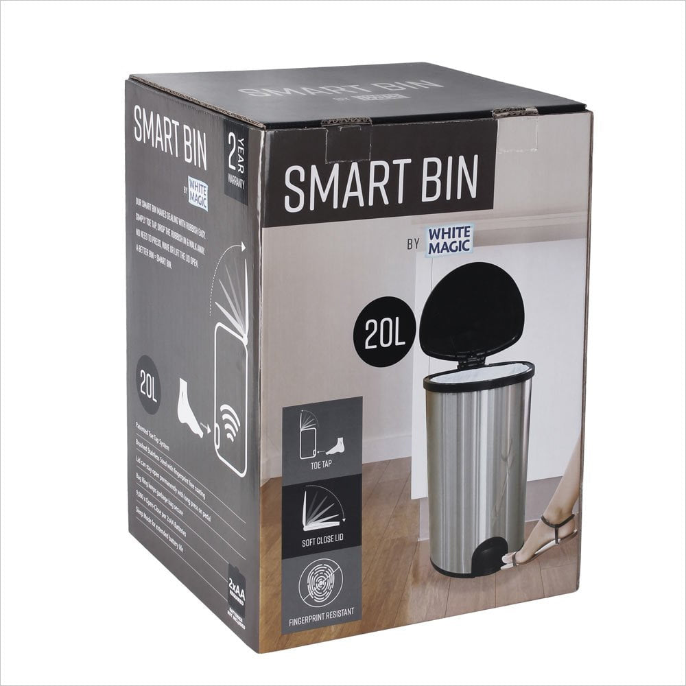 White Magic 20L Smart Bin Toe Tap Rubbish Can Foot Pedal Trash Container Silver — image 2
