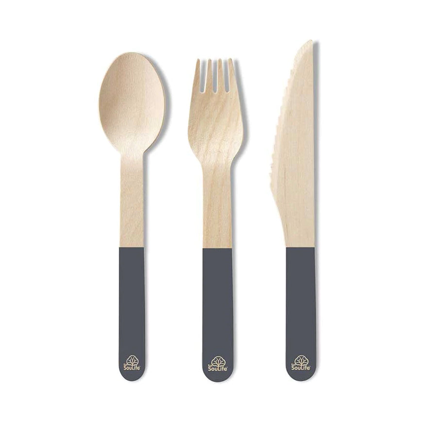 Eco Soulife Wooden Fork/Knife/Spoon Cutlery Set (24 Pieces) — Grey