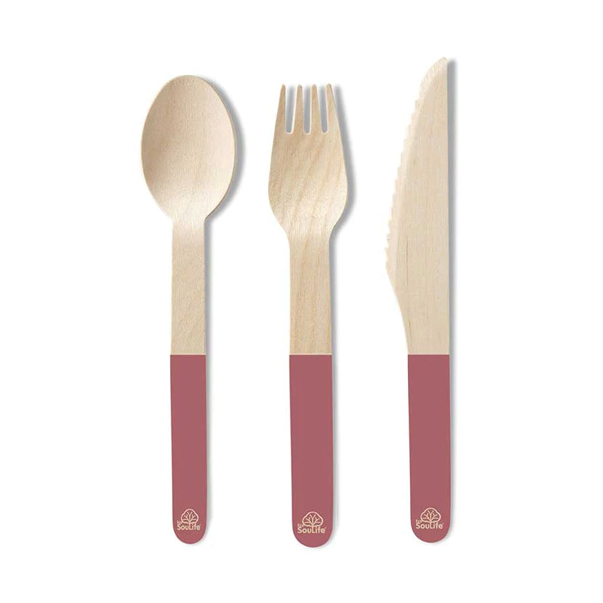 Eco Soulife Disposable/Compostable Wooden Spoon/Fork/Knife Cutlery Set Red (96 Pieces)