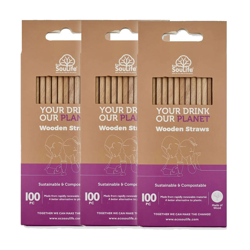 Eco Soulife 100pc Eco SouLife Disposable/Compostable Biodegradable Wooden Drinking Straws (3 Pack)
