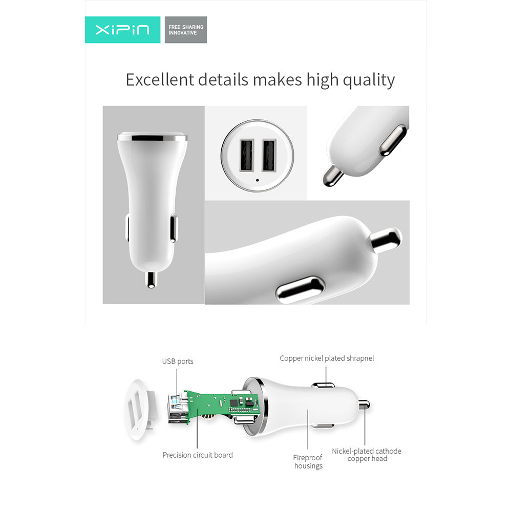 Xipin 2.4A Fast Charge Mini Car Charger w/ Dual USB Ports for Phones White — image 3