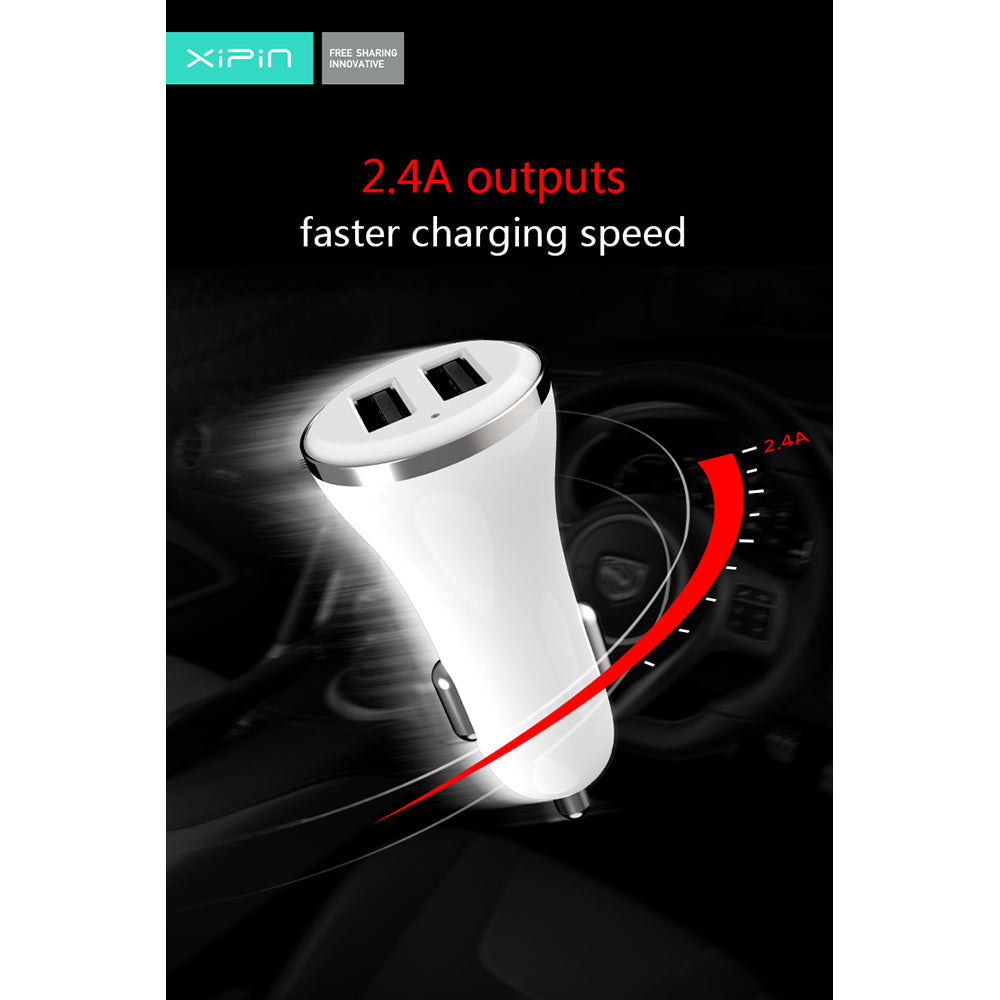Xipin 2.4A Fast Charge Mini Car Charger w/ Dual USB Ports for Phones White — image 6