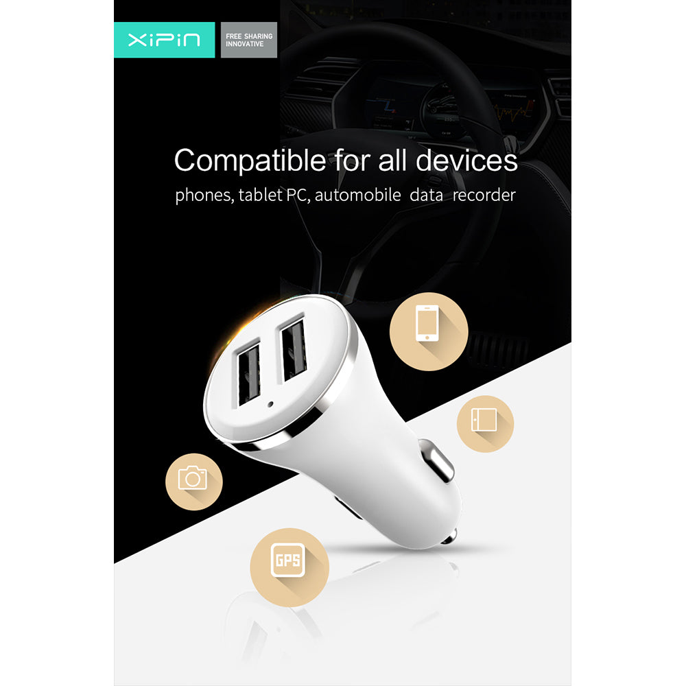 Xipin 2.4A Fast Charge Mini Car Charger w/ Dual USB Ports for Phones White — image 5