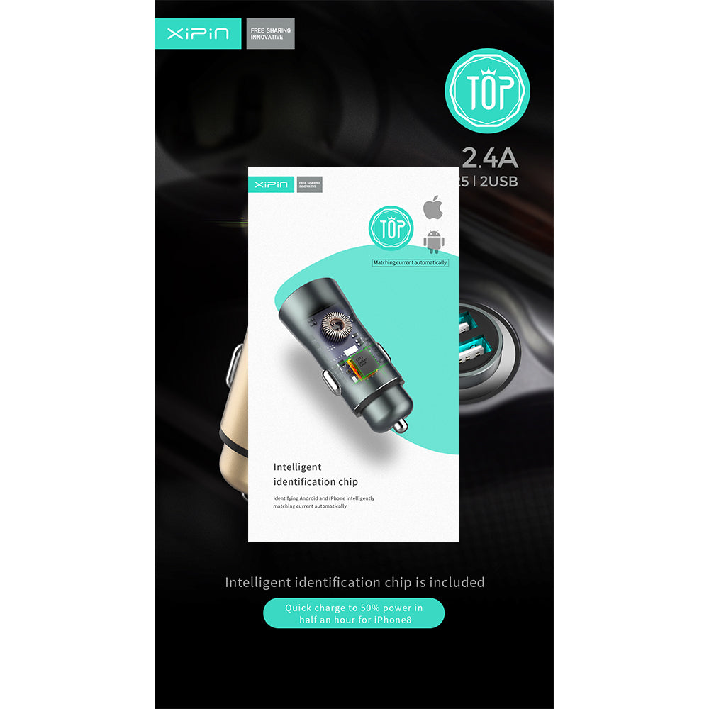 Xipin 2.4A Fast Charge Mini Metal Car Charger w/ Dual USB Ports for Phones Grey — image 3