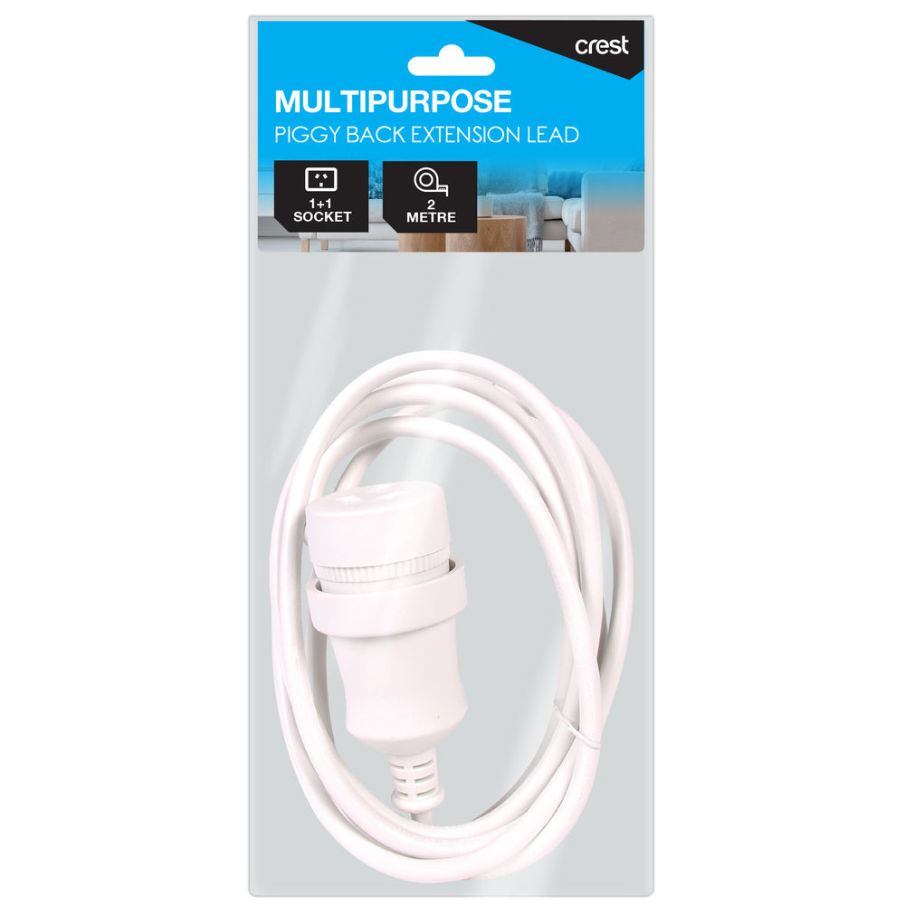 Crest 2m Piggy Back Plug 3-Pin Socket Power Extension Cord Lead Cable White — image 2