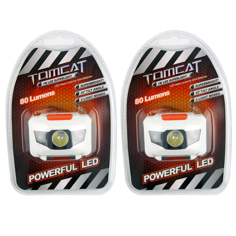 Tomcat 1W LED Head Lamp/Light Flashlight Camping Headlamp w/AAA Batteries WHT (2 Pack)