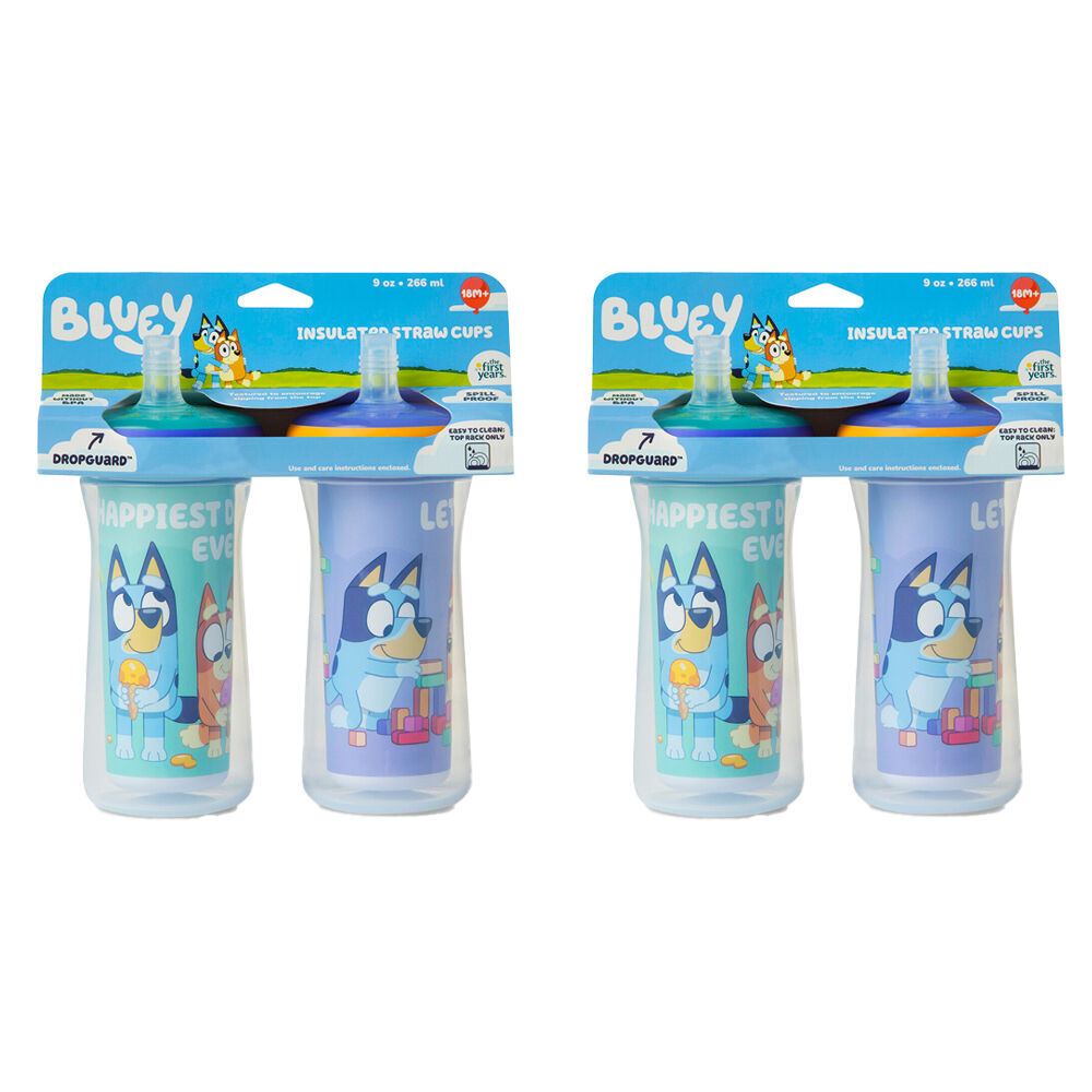 The First Years 2x Bluey Insulated Straw Bottle With DropGuard 2PK 266ml