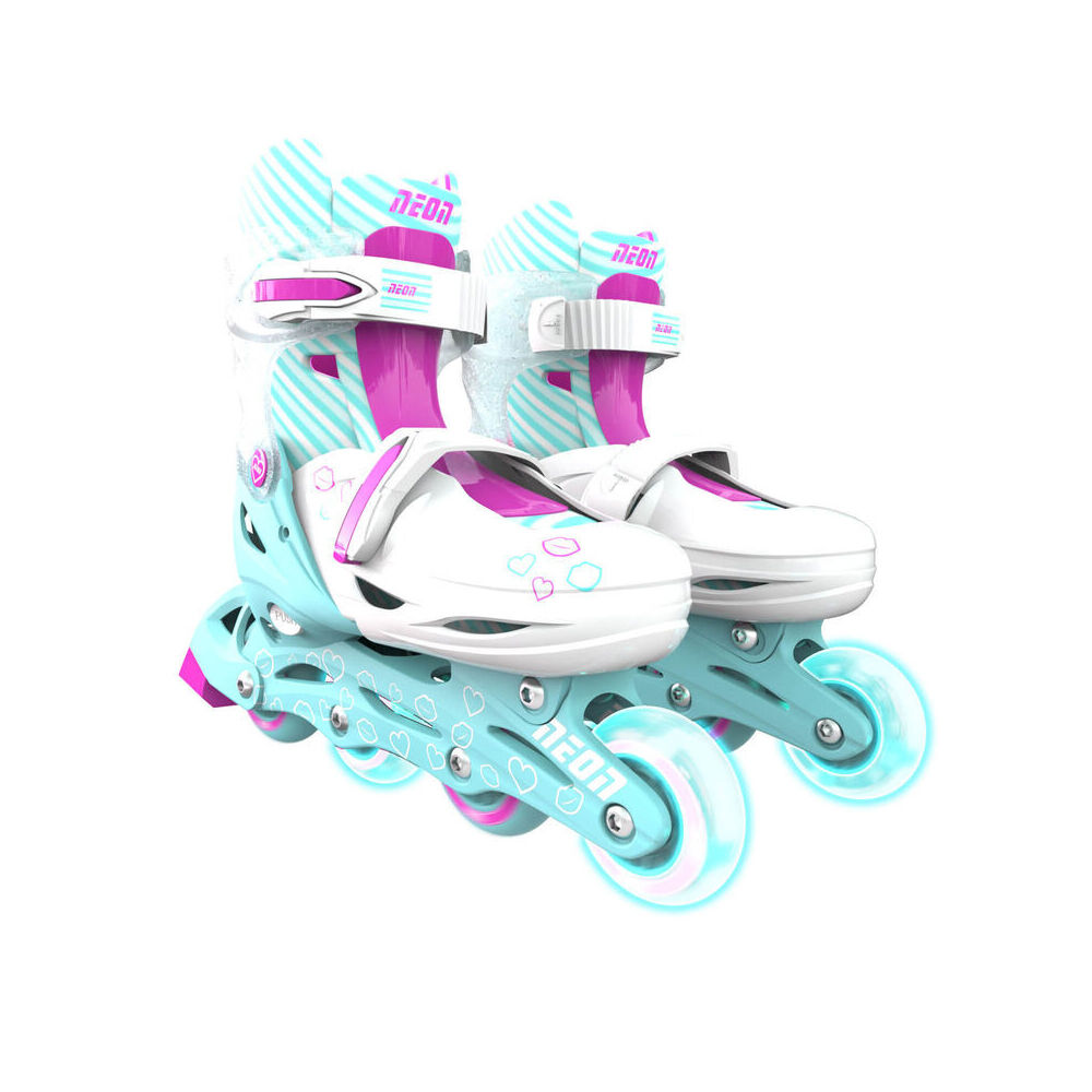 Yvolution 8+/Sizes 3-6 Teal Neon In Line Kids Rollerblades w/ Lightup Wheels