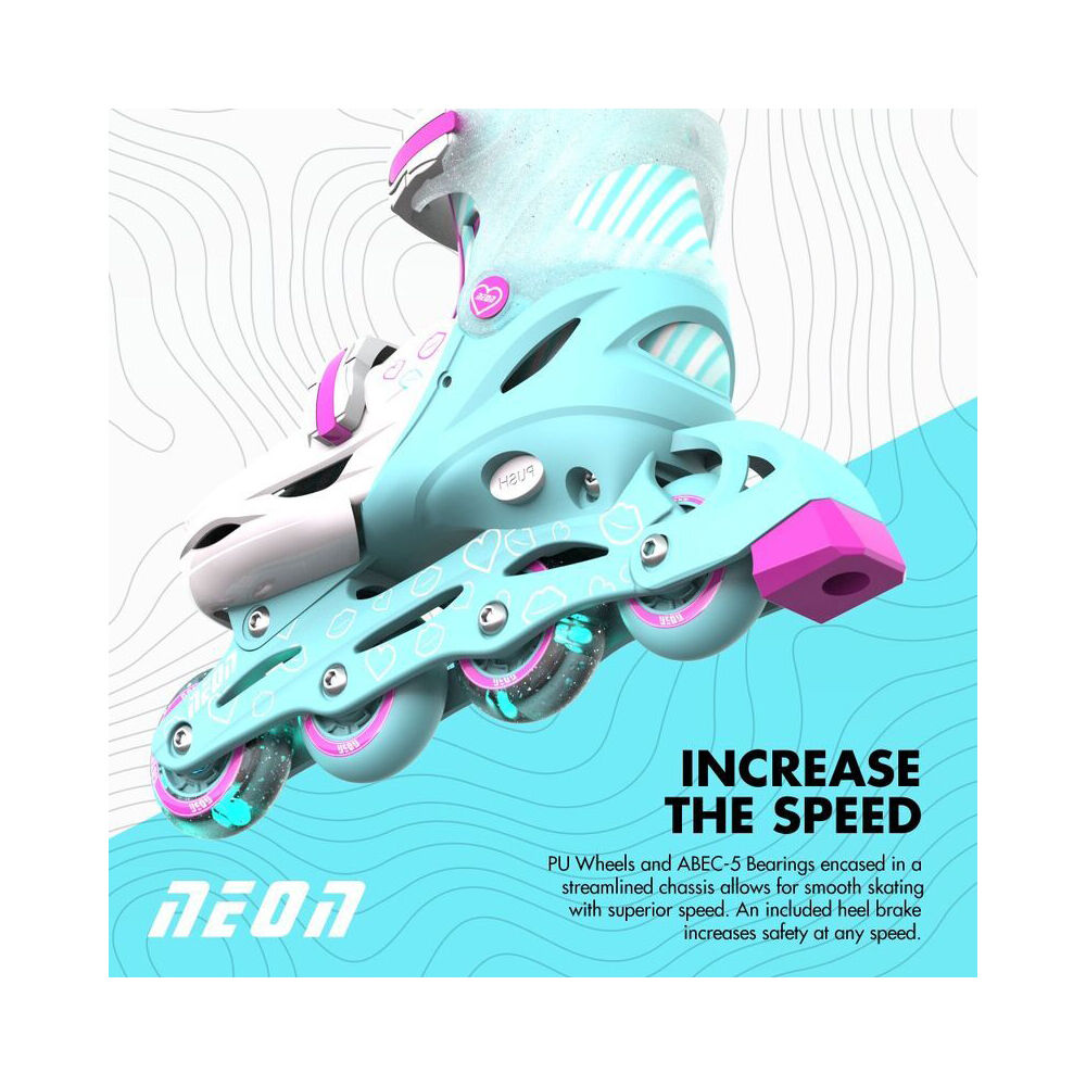Yvolution 8+/Sizes 3-6 Teal Neon In Line Kids Rollerblades w/ Lightup Wheels — image 2