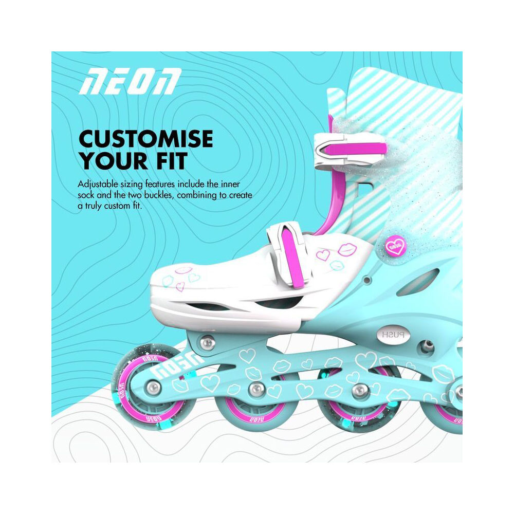 Yvolution 8+/Sizes 3-6 Teal Neon In Line Kids Rollerblades w/ Lightup Wheels — image 4