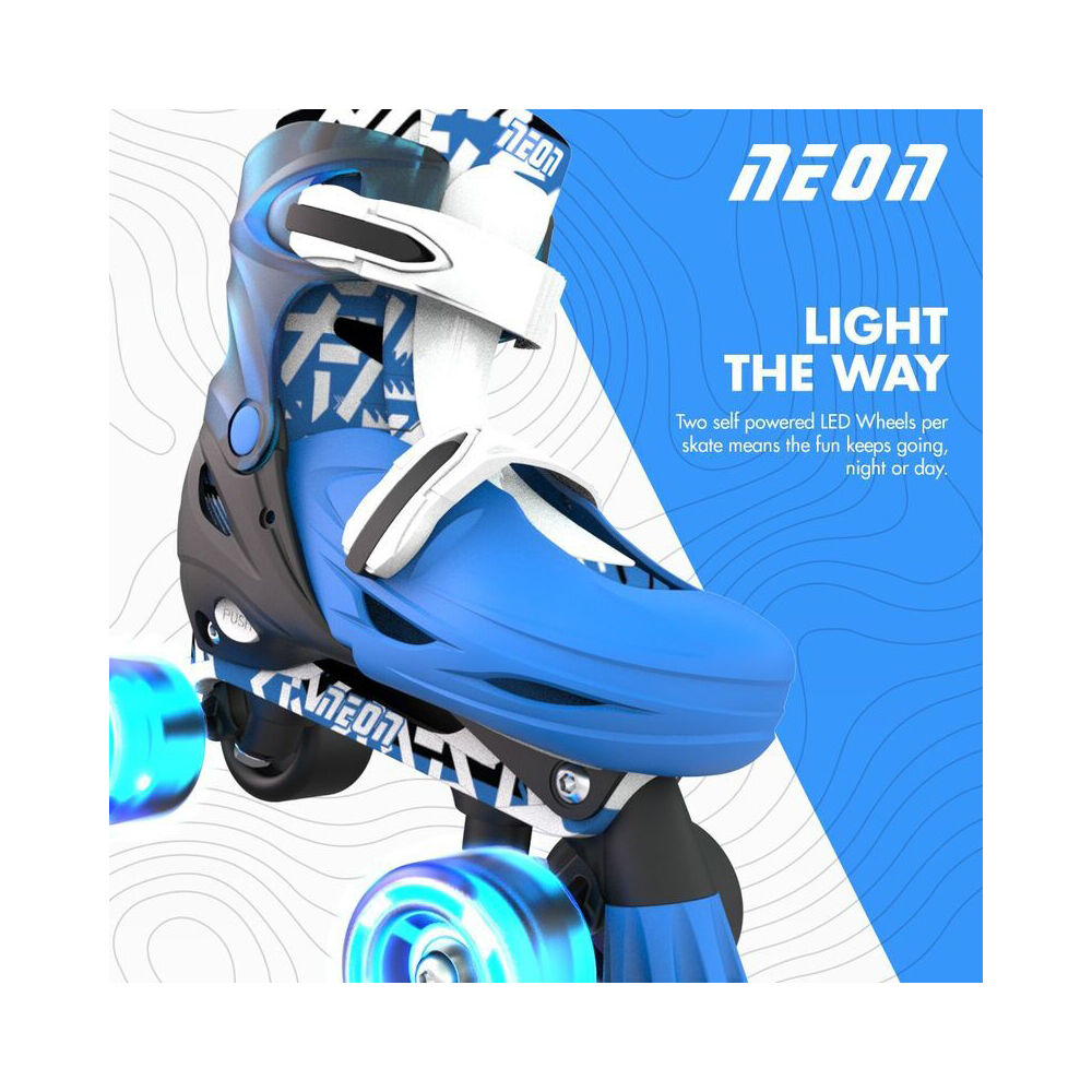 Yvolution 8+/Sizes 3-6 Blue Neon Combo Kids Quad Skates/Blades w/ Lightup Wheels — image 4